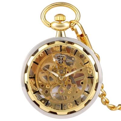Mens Mechanical Pocket Watch Hand Winding Open Face Golden Skeleton Fob Watches