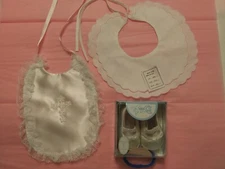 New) Vtg. NB bib lot (3) lacey slipper Christian cross bib cross satin shoe 