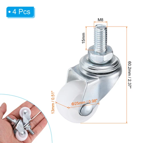 4Pcs Stem Casters 1 Inch Wire Shelf Caster Threaded Swivel Wheels White - Picture 3 of 7