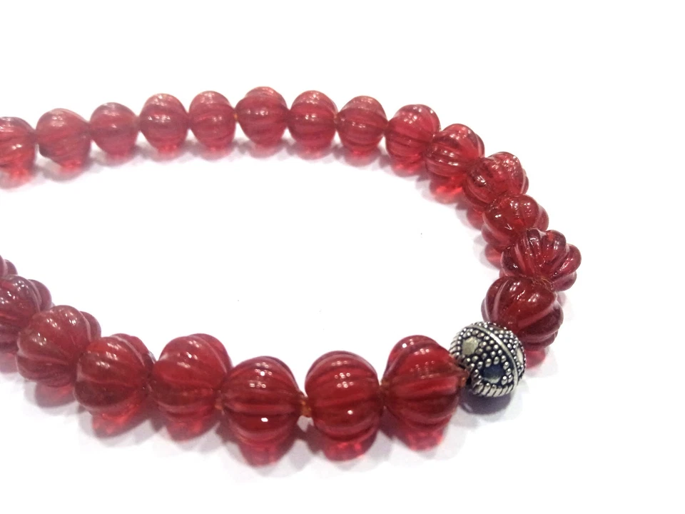 PULSERA COLGANTE METAL CUENTAS TALLADAS SANDÍA COLOR RUBÍ 6-7MM 7" PULGADAS Foto 2 de 4