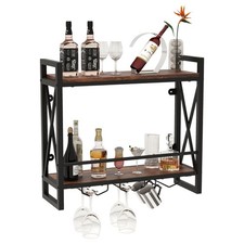 Industrial Wine Rack Wall Mounted with Glass Holder 2-Tier Wine Display Shelf