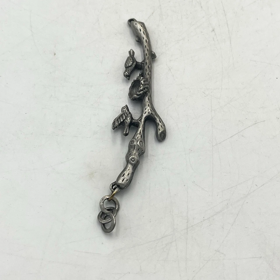 Birds with Nest Bar Pendant For Necklace Beaded Pewter Silver Tone Bird Spring - Image 3 of 4