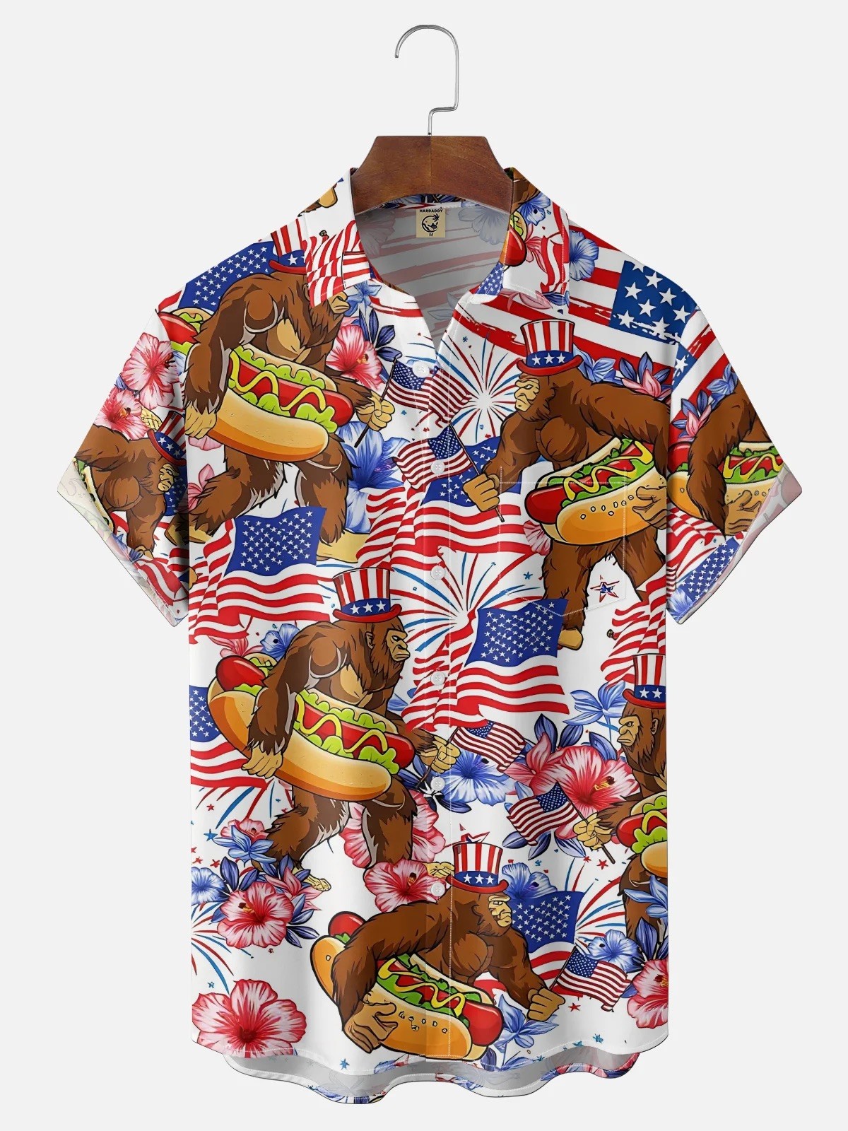 American Flag Hot Dog Sandwich Bigfoot Chest Pocket Holiday Shirt