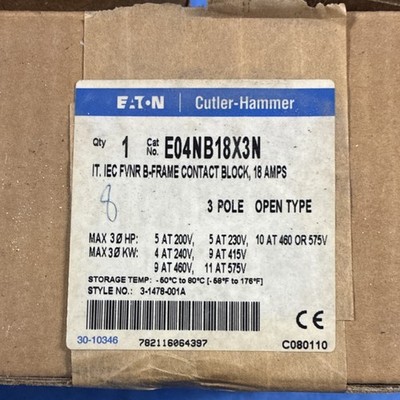 Eaton Cutler-Hammer IEC FVNR Contact Block E04NB18X3N 3-Pole 18A Open Type
