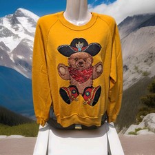 VINTAGE Yellow Sweatshirt Womens L Crafted Western Teddy Bear USA 1990s