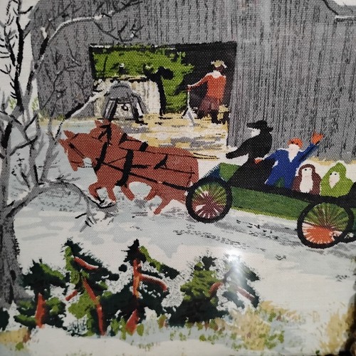 Wow! Grandma Moses Barkcloth Fabric Wall Art Picture In 85 year old Ornate Frame - Picture 4 of 12