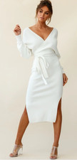 FORE M Midi Knit Sweater Dress Ivory Long Sleeve Stretch V Neck Classic NEW