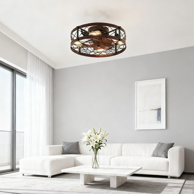 Black 20 inch Ceiling Fan Light Caged Farmhouse Flush Mount w Remote Control Kit