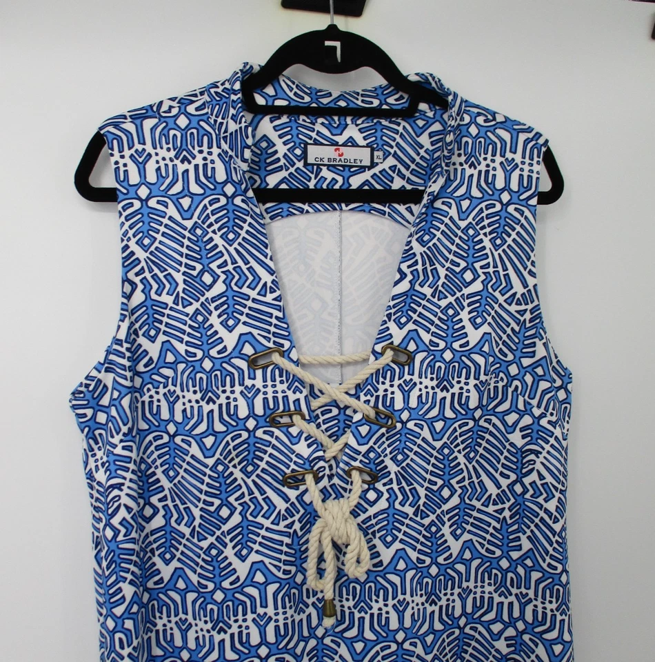CK Bradley Womens XL Dress White Geometric Beach Nautical Maxi Blue White Beach - Image 4 of 4