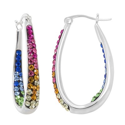 Multi-color Ombre Crystal Inside Out Oval Shape Hoop Earrings, Silver Plated, 1.