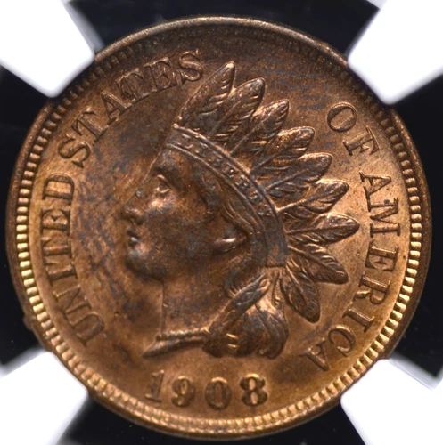 1908 INDIAN HEAD CENT NGC MS 63 RB SOME MOTTLED FADING OVER THE OBVERSE LOOKS