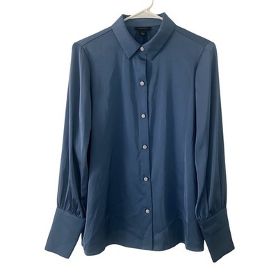 Halogen Women's Rhinestone Button Down Silky Blue Blouse Top S Small Career