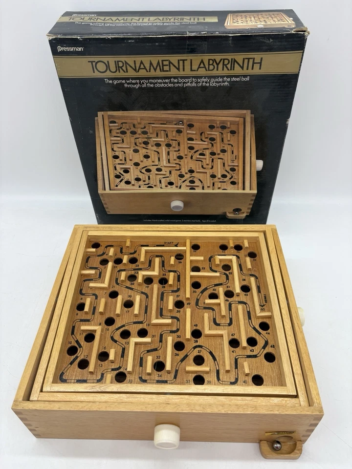 Vintage Pressman Wood TOURNAMENT LABYRINTH Game w/1 Steel Ball & Orig Box #8000 - Image 3 of 4