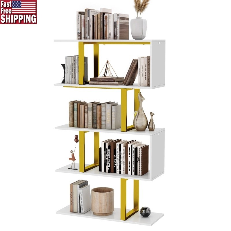 S Shaped 5 Tier Bookshelf Modern Geometric Bookcase Freestanding Storage Display