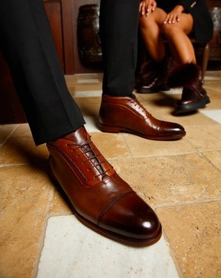 VINCI Men Brown Leather Cap Toe Oxford Ankle Boots Size 45 EU/12 US Dress Shoes VINCI Men Brown Leather Cap Toe Oxford Ankle Boots Size 45  main image 2