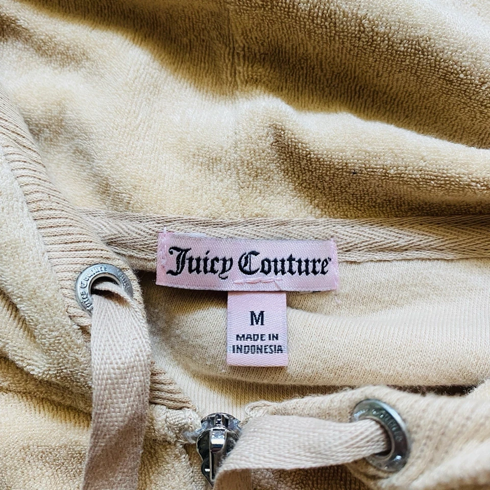 VTG Y2K Juicy Couture M Tan Rhinestone Velour Hoodie Track Jacket Sparkle Art - Image 4 of 4
