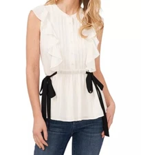 CeCe Women's Flutter Sleeve Tie Waist Pintuck Blouse Ivory Size XL