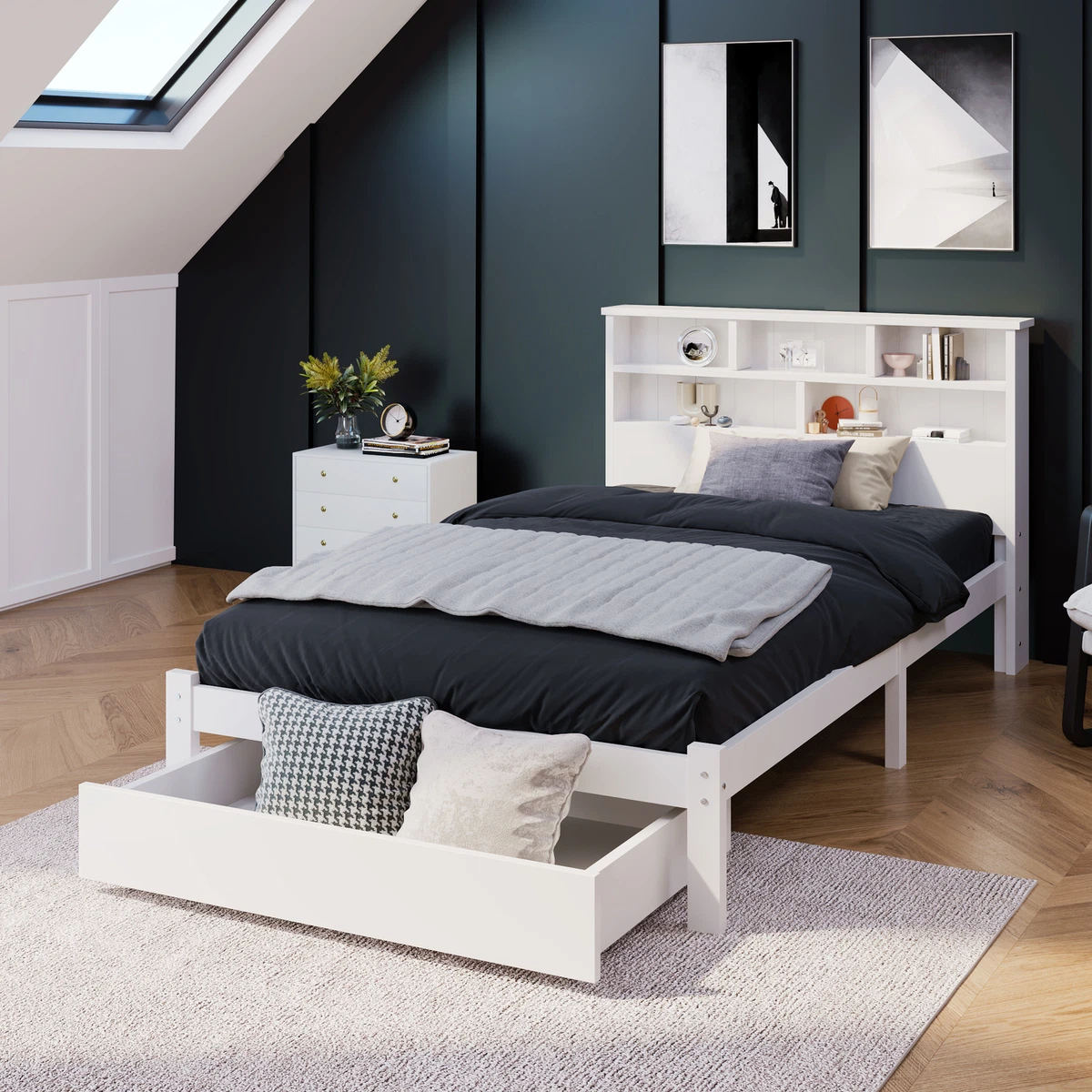 3FT Single Bed Frame Pine Wooden Storage Kids Bed Headboard Shelves Drawer White