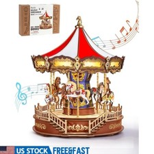 DIY 3D Wooden Puzzle Music Box Carousel Kit Creative Gift Teens Adults Home New