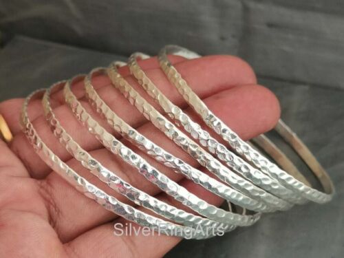 Set of 7 Hammered 925 Sterling Silver Stacking Bangle Half Round Bangles - Picture 1 of 12
