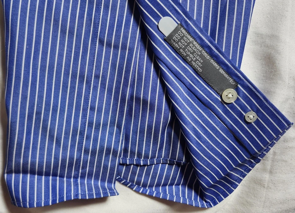 Camisa social XMI clássica azul listrada algodão com botões manga longa tamanho 16R - Imagem 4 de 4