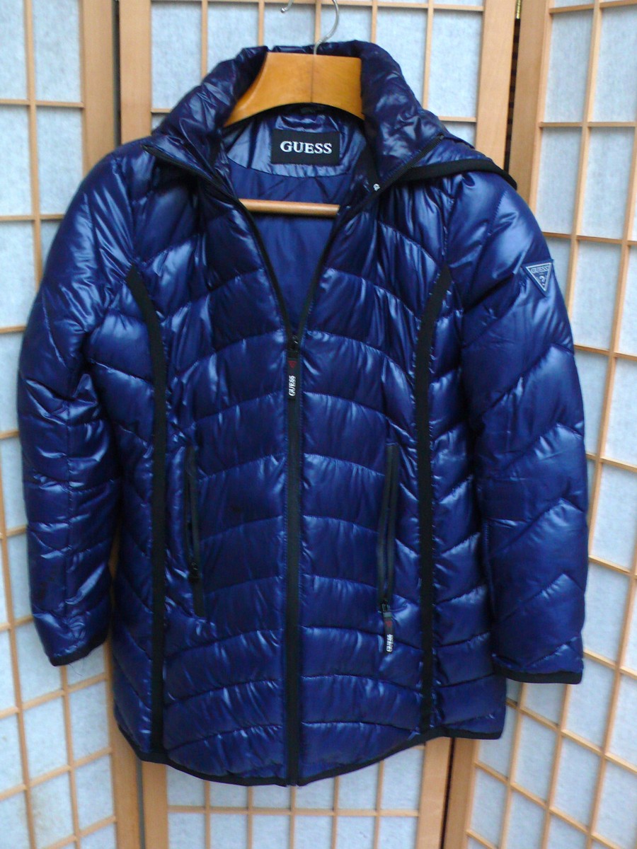 Womens Blue Guess Insulated Jacket With Hood Size M Zip Hand