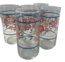 Libbey Crisa 12 Oz Tumbler Glasses Hibiscus Peach Blue Floral Set of  5 Vintage