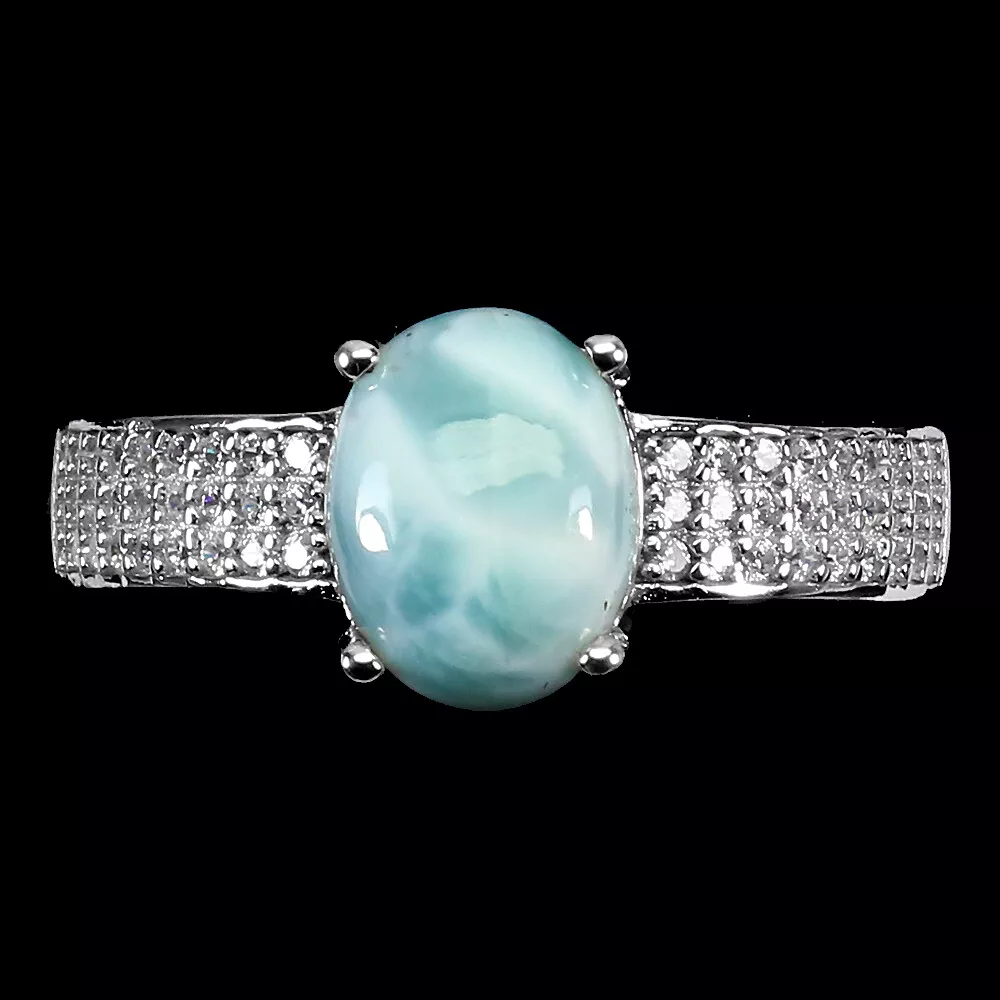 Unheated Oval Larimar 9x7mm Cz 14K White Gold Plate 925 Sterling Silver Ring 8
