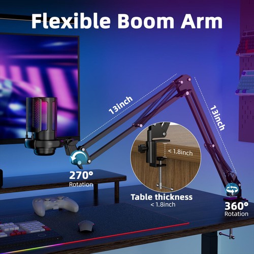 USB Mikrofon mit Arm RGB Kondensator Gaming Mikrofone PC mit Stummschalttaste DE - Afbeelding 6 van 18
