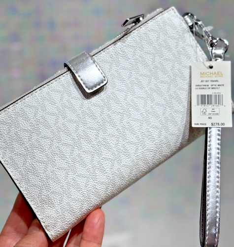 Michael Kors Jet Set Travel Agency LG Double Zip Wristlet Wallet MK Optic White - Picture 4 of 15