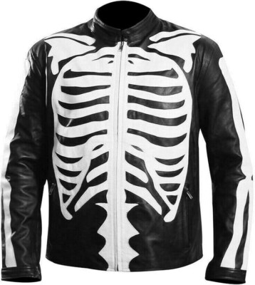 Men's New Stylish Halloween Skeleton Design Moto Biker Black Faux Leather Jacket