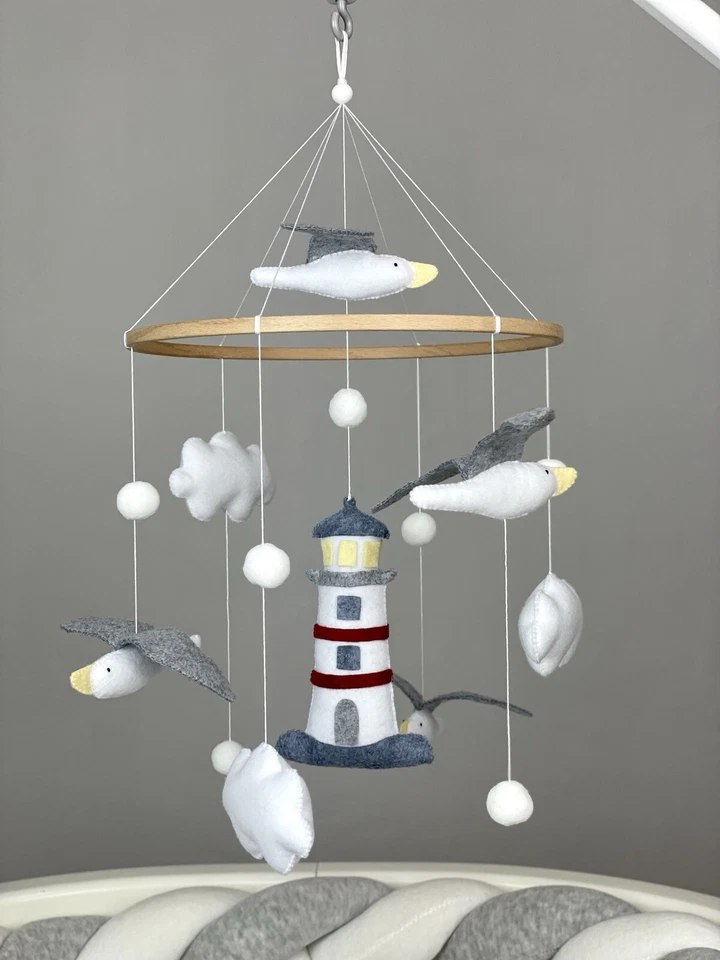 Gaviotas Bebé Cuna Móvil Océano Guardería Faro Móvil Costero Fieltro Mar Decoración Foto 2 de 4