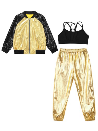 Kids Girls Outfits Hip Hop Set Children Tracksuits Sports Jacket Metallic Vest - Picture 11 of 103