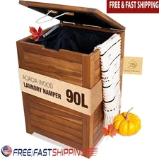 Large Acacia Wood Laundry Hamper W/ Removable Liner Versatile Storage Home New