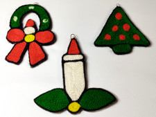 3 Handmade Needlepoint Ornaments Candle, Tree, Wreath w Candle Retro Vtg