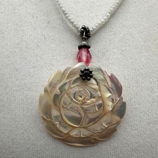 Vintage 90s Mother Of Pearl Rose Pendant Necklace Pink Glass Beads Handmade Y2K