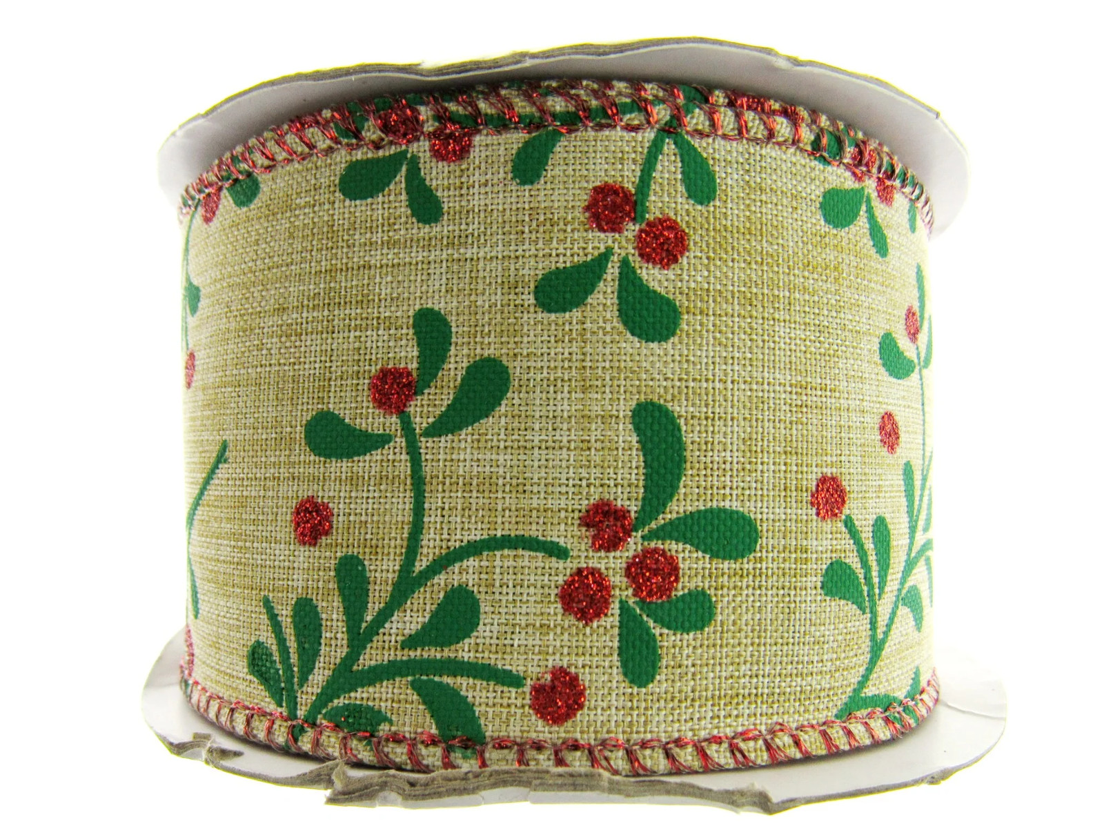 Wired Woven Edge Natural Berry & Holly Christmas Ribbon - 2m - 63mm Wide - 46093