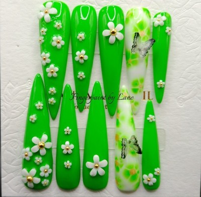 Vibrant Apple Green and Daisy XXLong Stiletto Press On Nails - Medium