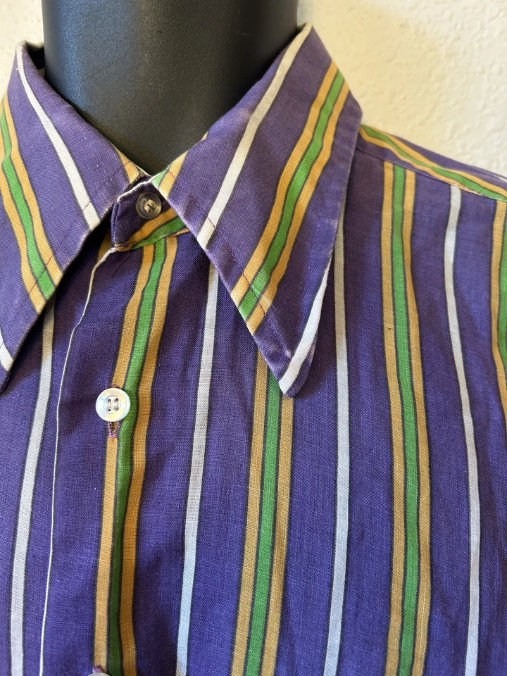 Camisa De Colección Años 70 Para Hombre Púrpura Verde Rayas Botón Frontal Cuello Daga L Leer Foto 3 de 4