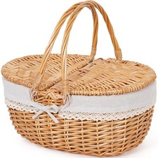 Happypicnic Wicker Picnic Basket with Handle, 15" Large Empty Picnic Basket w...