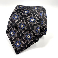 John W Nordstrom Mens Tie Black w/ Silver Blue Geometric Design 100 Silk USA