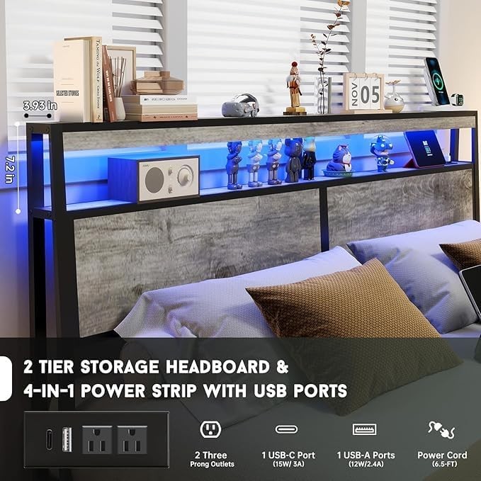 4 Storage Drawers Bed frame Metal Platform with Headboard,LED Light, Charging US