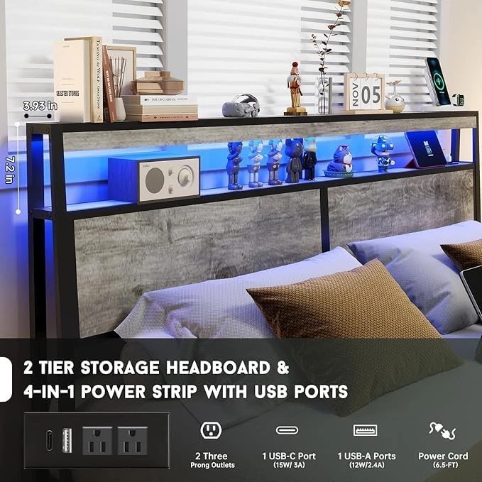 4 Drawers King Size Bed Frame Metal Platform Bed with Headboard & LED Lights - Image 2 of 4