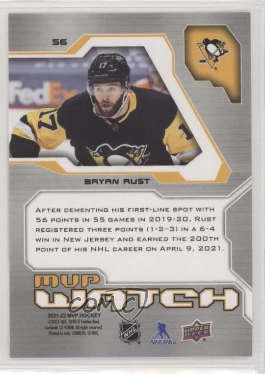 2021-22 Upper Deck MVP 20th Anniversary Bryan Rust #56 - Image 2 of 2