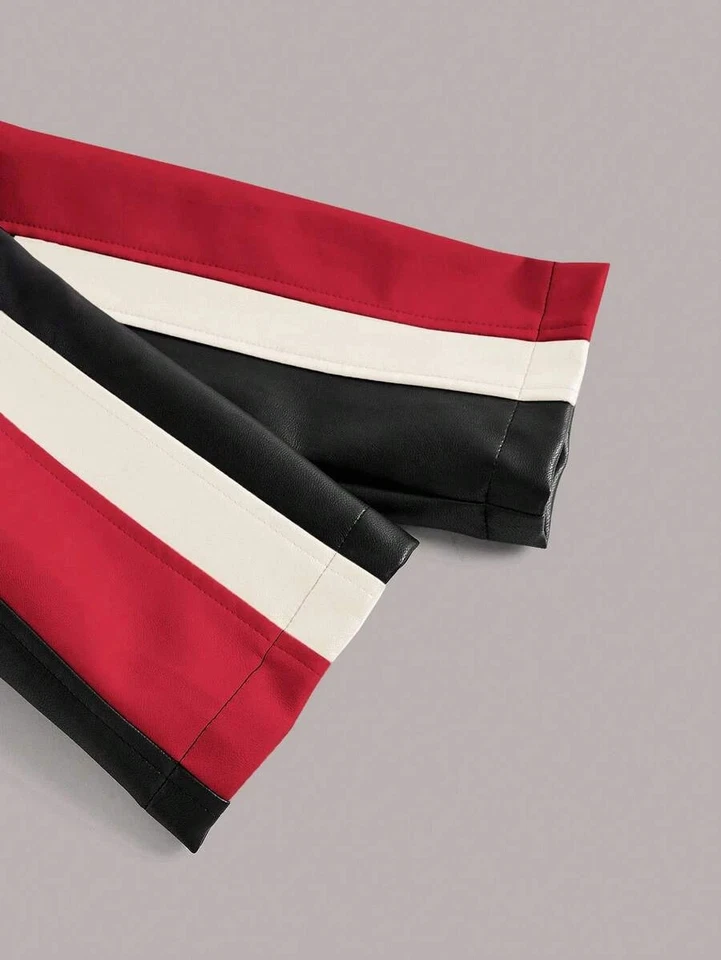 Women’s Leather Moto Jacket Red Black White Racing Striped Biker Zip Up Coat - Image 4 of 4