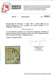 TUSCANY ITALIAN STATES 1851 Used 1 So Orange Sass #2c CV €3750 CERTIFICATE