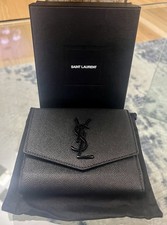 Pre-owned Authentic YSL Uptown Compact Wallet In Grain de Poudre Leather Black