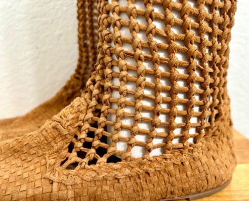 Tapeet Vicini Italy LIGHT BROWN Leather Open Weave/Crochet Boots Size 38.5 US 8 - Picture 10 of 23