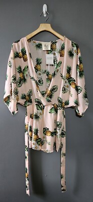 NWT Pink Pineapple Print Tropical Romper Tie Waist Short Sleeve Summer Beach