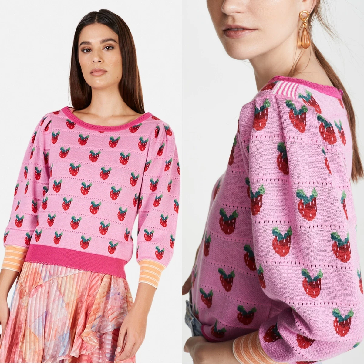 LoveShackFancy Isha Sweater Passion Pink Strawberries Size M | eBay